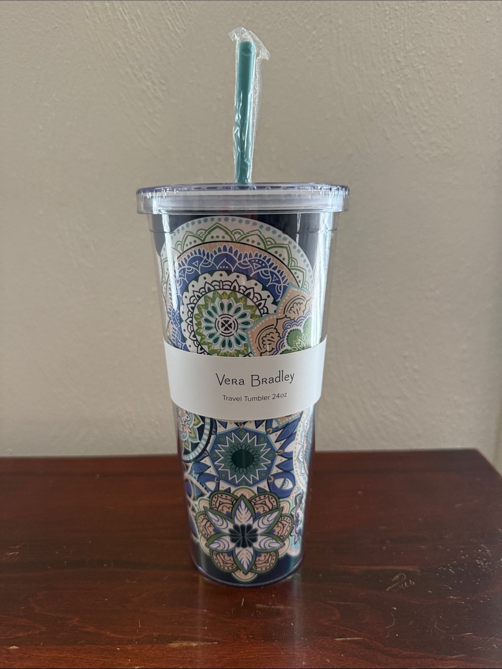 Vera Bradley Blue and Green Mandala 24oz Travel Tumbler with Straw